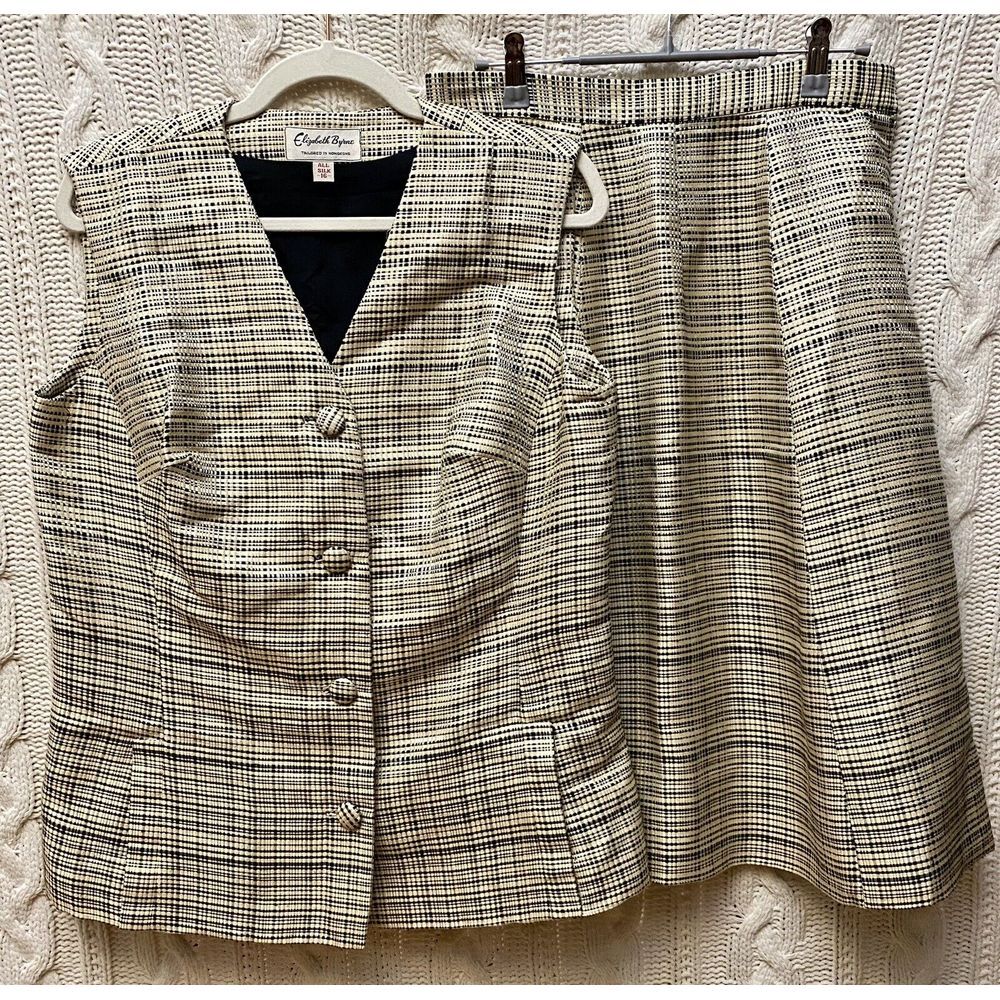 Elizabeth Byrne Vtg 60's 70's 100% Silk Cream Check Vest Skirt 16(see meas.) NWT